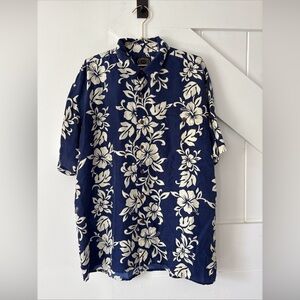 Hawaiian Silk Company 100% Silk Button Up Shirt Size Large Blue Floral Print